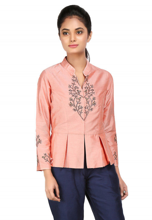 Embroidered Cotton Silk Peplum Style Top in Peach
