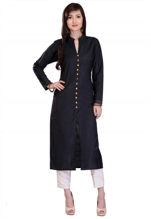 Plain Cotton Silk Jacket Style Long Kurta in Black