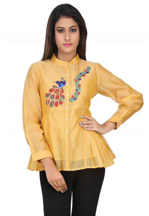 Embroidered Chanderi Silk Top in Yellow