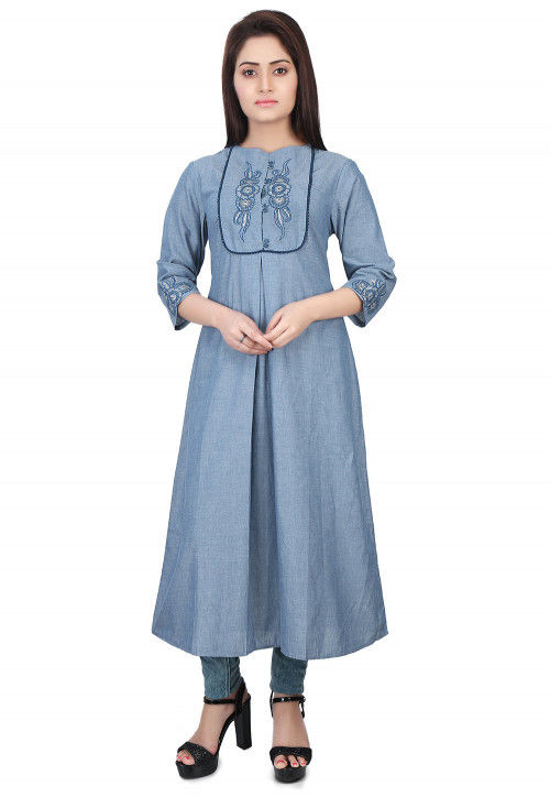 Embroidered Chambray Kurta in Blue