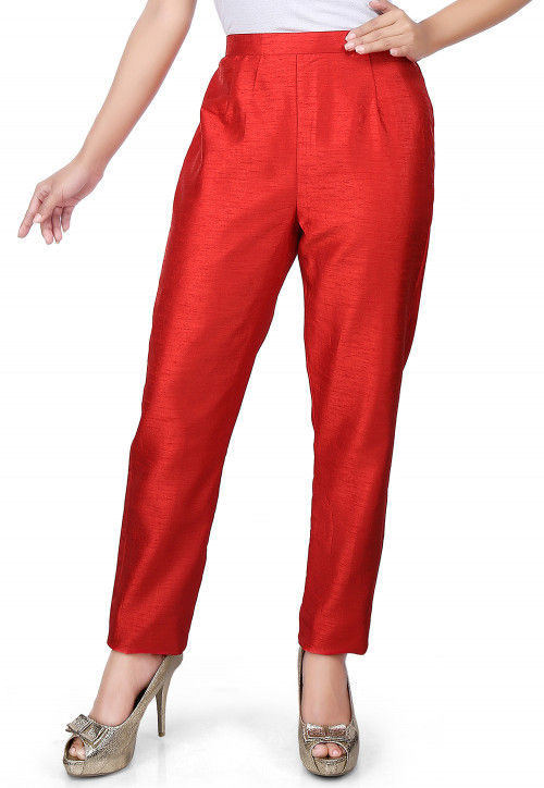 Plain Art Silk Straight Pant in Red
