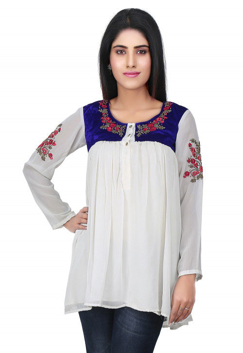 Hand Embroidered Yoke Georgette Flared Tunic in Off White
