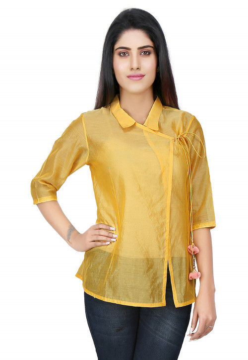 Plain Chanderi Silk Angrakha Style Top in Yellow