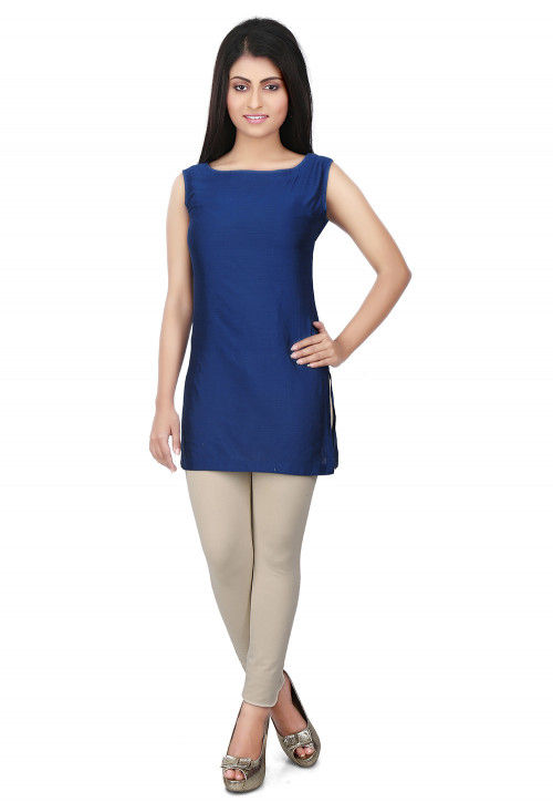 Plain Cotton Silk Kurti in Blue