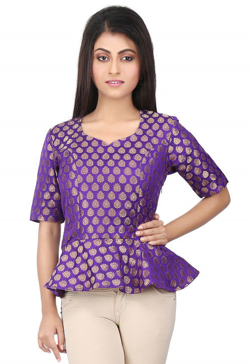 Woven Chanderi Silk Peplum Style Top in Purple