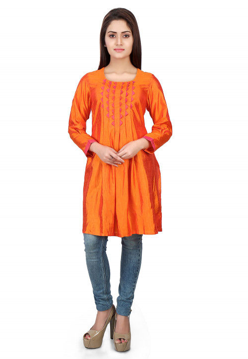 Box Pleated Art Silk Tunic in Orange