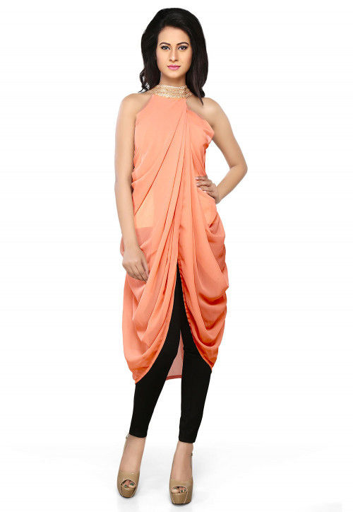 Plain Georgette Dhoti Style Tunic in Peach