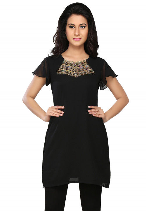Embroidered Georgette Dress in Black