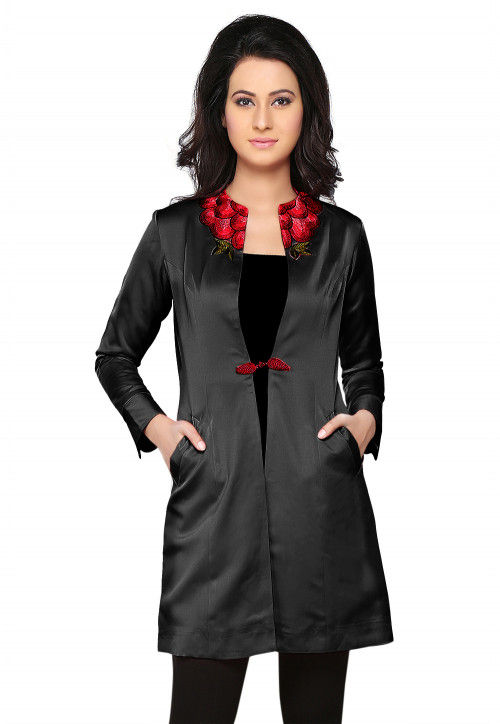 Embroidered Dutch Satin Jacket in Black