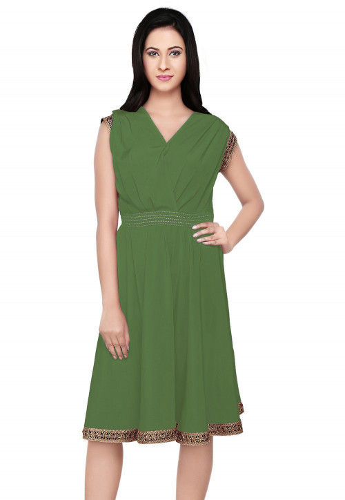 Embroidered Crepe Dress in Dusty Green
