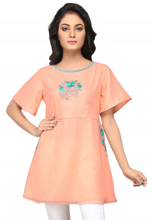 Embroidered Georgette Tunic in Peach