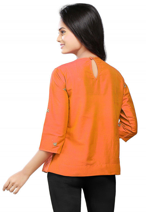 Embroidered Cotton Silk Top in Orange