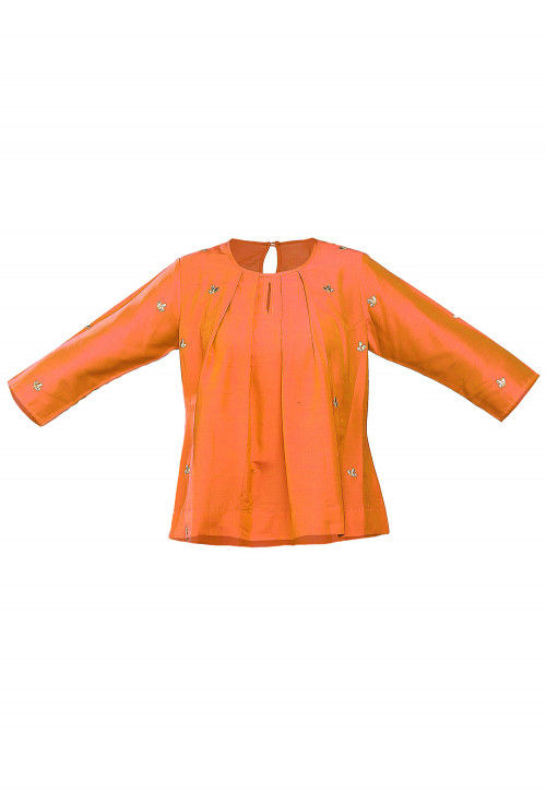 Embroidered Cotton Silk Top in Orange