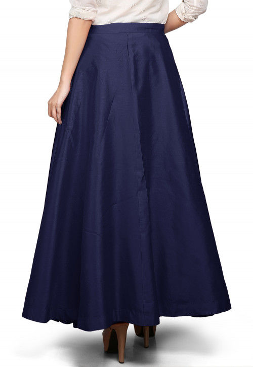 Plain Dupion Silk Long Skirt in Navy Blue : THU412