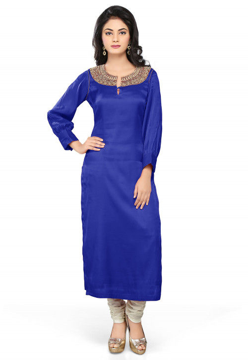 Embroidered Cotton Silk Long Kurta Set in Royal Blue
