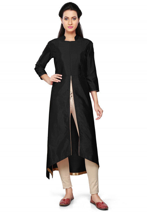 Plain Art Silk Asymmetric Kurta in Black