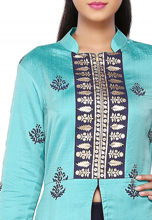 Printed Cotton Silk Kurta in Turquoise