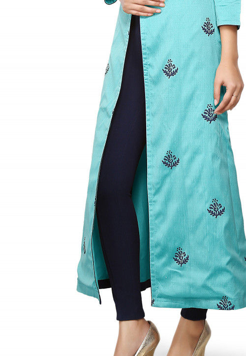Printed Cotton Silk Kurta in Turquoise