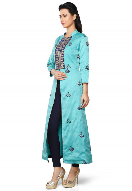 Printed Cotton Silk Kurta in Turquoise