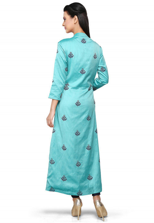 Printed Cotton Silk Kurta in Turquoise