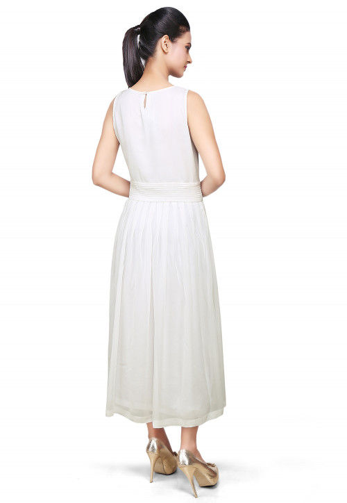 Pleated Georgette Maxi Dress In Off White