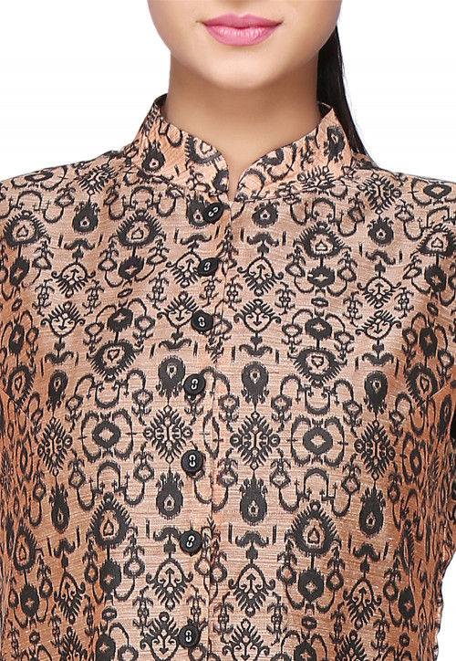 Printed Chanderi Silk Long Kurta In Peach
