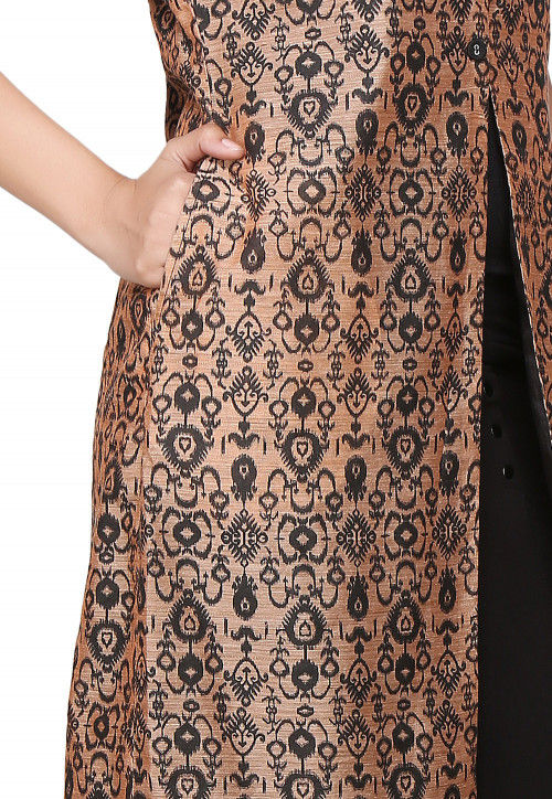 Printed Chanderi Silk Long Kurta In Peach