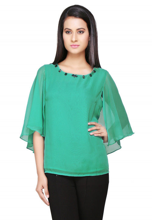Cape Style Georgette Top In Teal Green