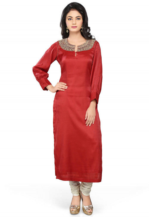 Embroidered Straight Cut Art Silk Suit in Red