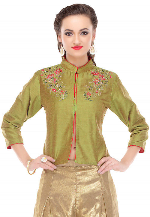 Embroidered Cotton Silk Jacket in Green