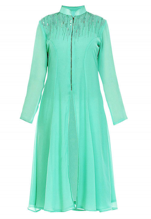 Embroidered Georgette Long Kurta in Pastel Green