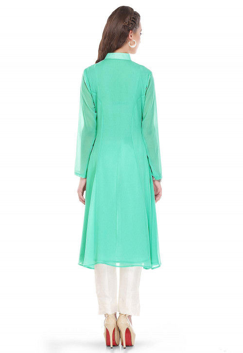 Embroidered Georgette Long Kurta in Pastel Green