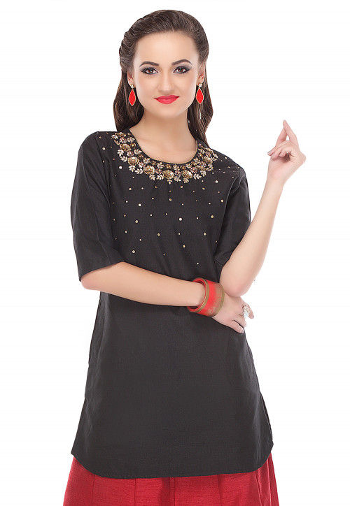 Hand Embroidered Cotton Silk Kurti in Black