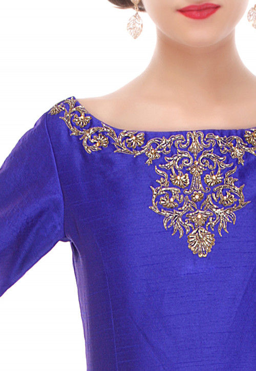 Embroidered Dupion Silk Top in Royal Blue