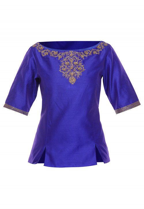 Embroidered Dupion Silk Top in Royal Blue