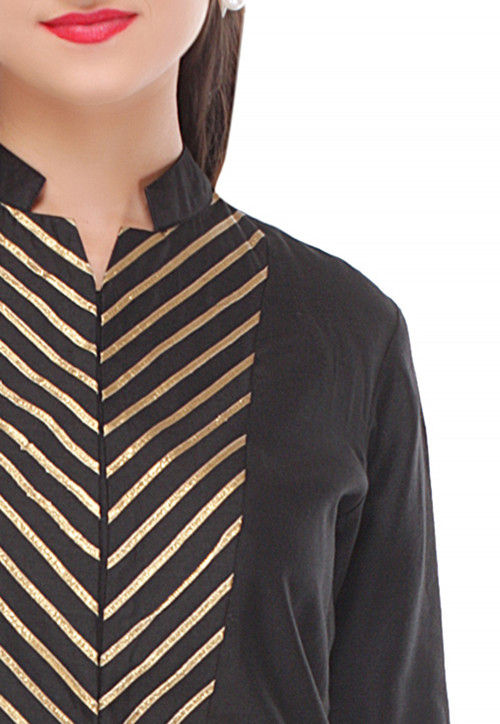 Gota Work Cotton Silk Long Kurta in Black