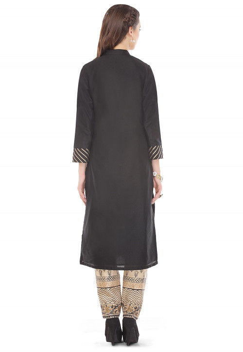 Gota Work Cotton Silk Long Kurta in Black