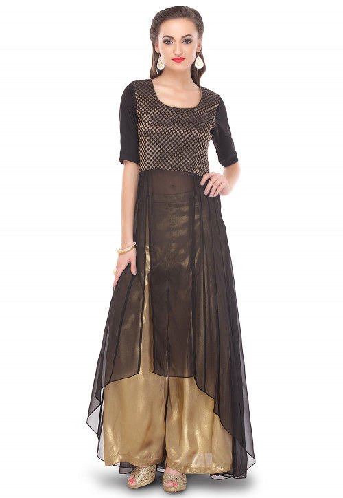 High Low Hem Georgette Asymmetric Kurta in Black
