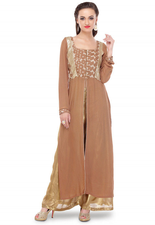 Embroidered Georgette and Jute Silk Long Kurta in Brown