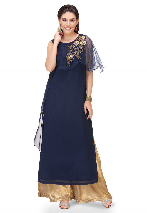 Embroidered Georgette Long Kurta in Navy Blue