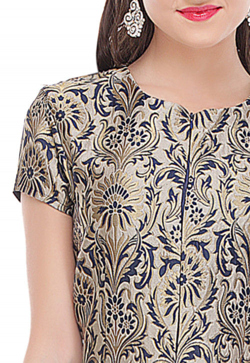 Flared Slit Brocade and Georgette Dress in Navy Blue