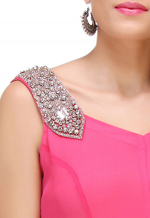 Plain Georgette Asymmetric Dress in Fuchsia