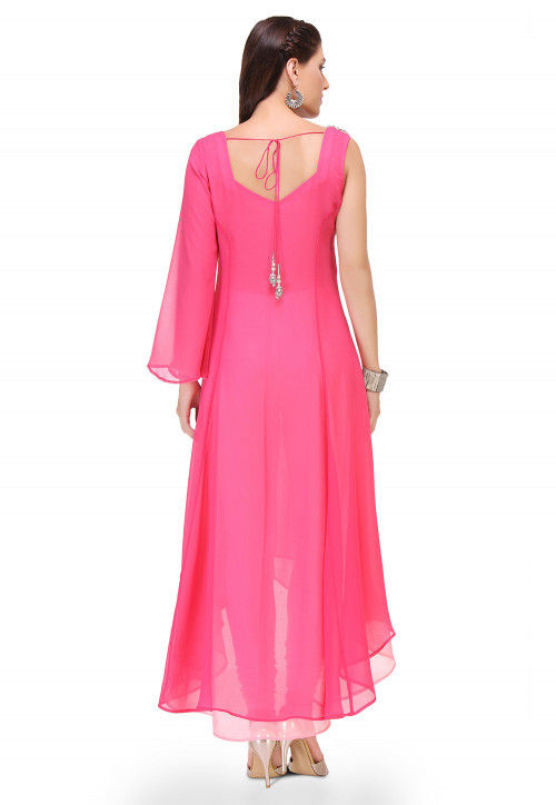 Plain Georgette Asymmetric Dress in Fuchsia