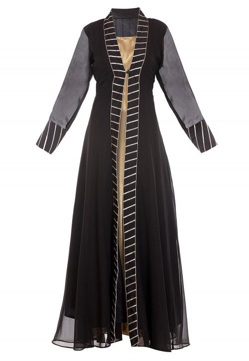 Jacket Style Georgette Shimmer Kurta Set in Black and Golden