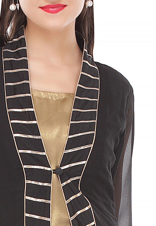 Jacket Style Georgette Shimmer Kurta Set in Black and Golden