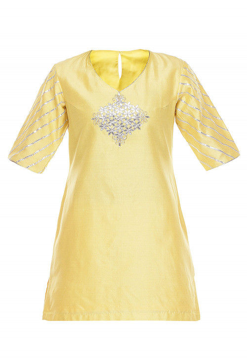 Embroidered Uppada Silk Kurti in Yellow