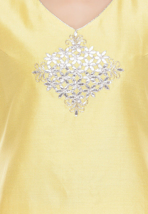 Embroidered Uppada Silk Kurti in Yellow