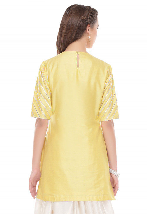Embroidered Uppada Silk Kurti in Yellow