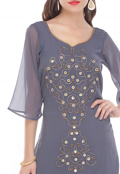 Embroidered Georgette Long Kurta in Grey