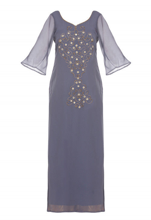 Embroidered Georgette Long Kurta in Grey
